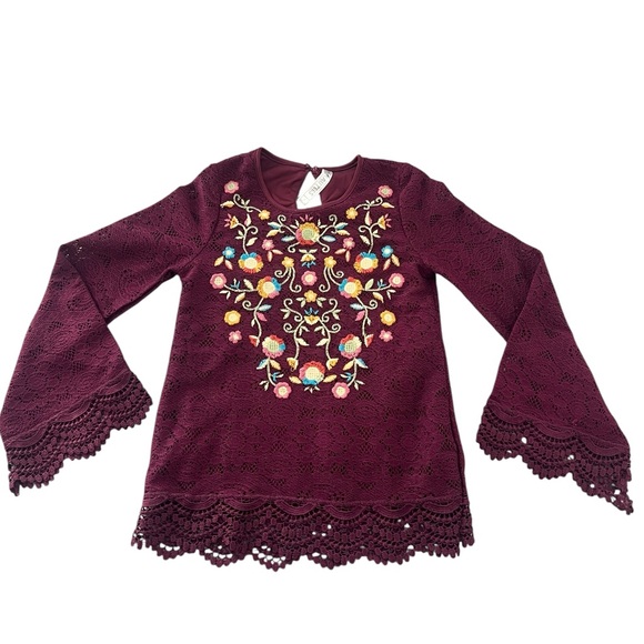 Beautees Kids Small Burgundy Lace Bell Sleeve Top Floral Embroidery BOHO - Picture 1 of 3
